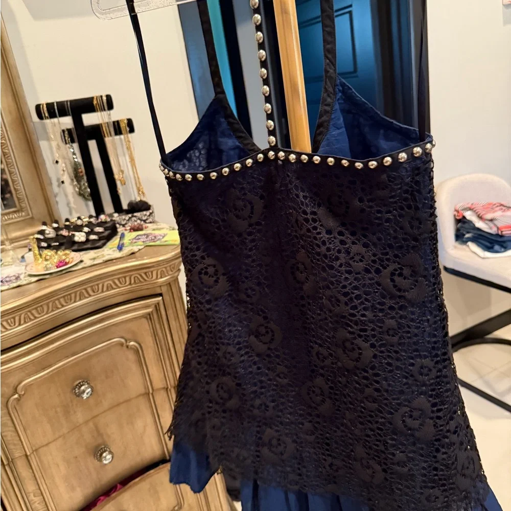 Free People Chic Navy Lace Dress with Pearl Details - Picture 4 of 11